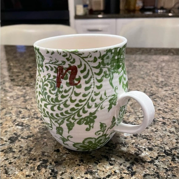 Anthropologie Green White Floral Mug Brown Monogram Initial Mug Lower Case “n” - Picture 6 of 10